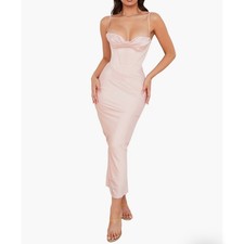House of CB Charmaine Blush Pink Cowl Neck Corset Maxi Dress NWT