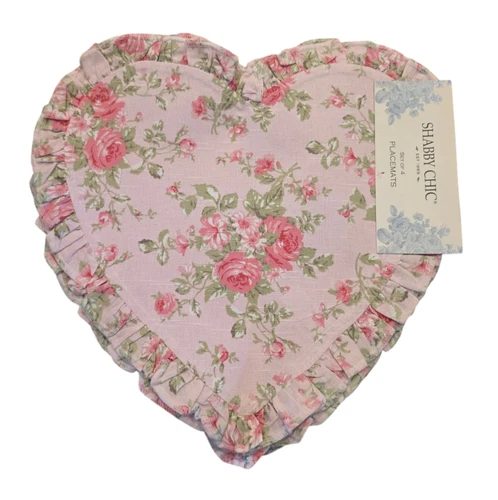Valentines Day Shabby Chic Pink Roses Heart Shaped Placemats Set of 4