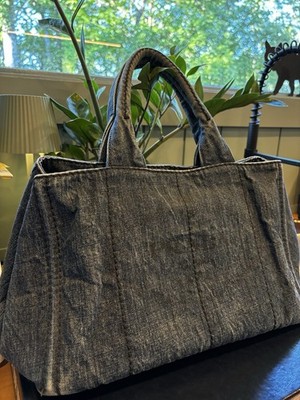 PRADA Denim Canapa Tote Bag Blue Canvas Large Triangle Logo Shopper Italy