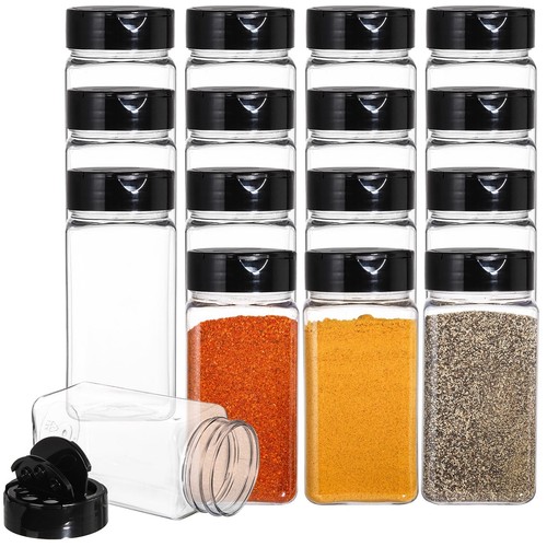16 Pack 9 oz Plastic Spice Jars with Black Cap, Plastic Spice Bottles Empty S...