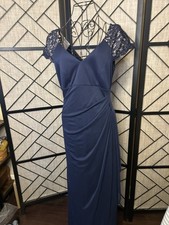 Stunning Long Navy Dress By Xscape With Lace Cap Sleeves And Polyester Overlay-6