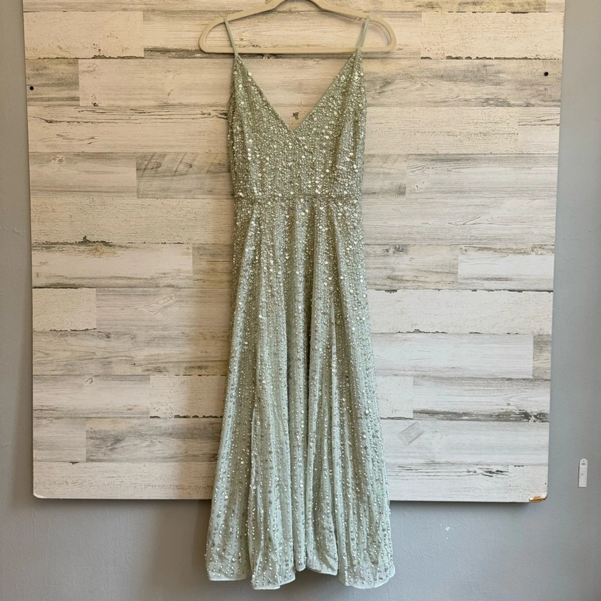 knee length dresses for ladies Rent Asos Design High Neck Embellished Midi Dress In Plisse Sequin In Gold main image 0