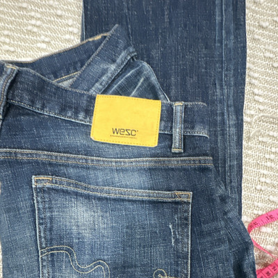 WeSC Ultra Slim Straight Jeans Blue Denim Button Logo 5-Pocket Men