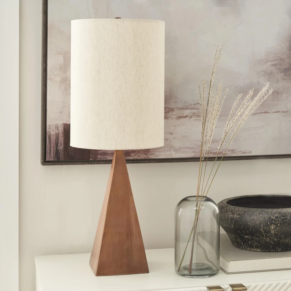 Lámpara de mesa triángulo madera acabado cobre 21" para dormitorio, salón, comedor... Foto 4 de 4