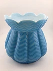 Rare Victorian Velvet Cut Vase Herringbone Pattern Blue Satin Cased Milk Glass