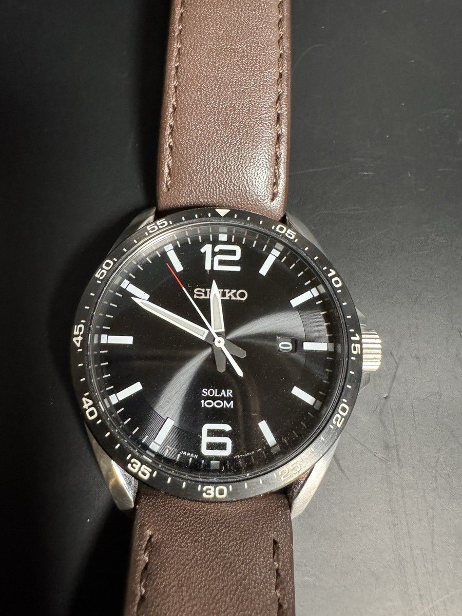 Seiko Solar 100M V157-0CP0 Black Dial Date Men's Watch Brown Seiko