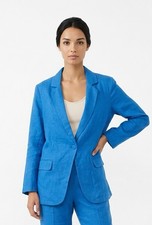 H Halston Women's M Blue Linen Blazer Jacket Button Faux Front Pockets