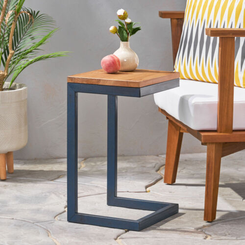 C-Shaped End Table, Fir Wood Top & Antique Iron Base, Industrial & Versatile - Picture 3 of 12