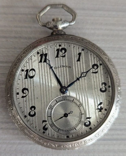 Used Antique ILLINOIS Men's Silver Tone Pocket Watch *Repair Missing Crystal USA