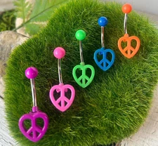 Neon Hinged Heart Peace Sign Belly Ring Navel Blue, Green, Orange, Pink, Purple