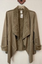 CBOCS Womens Large Taupe Faux-Suede Open-Front Fleece Cardigan NWT M1469
