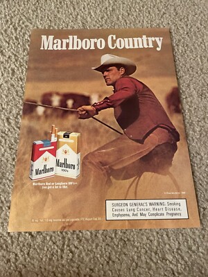 Vintage 1986 MARLBORO CIGARETTES COUNTRY RED LONGHORN 100's Print Ad 80s  COWBOY