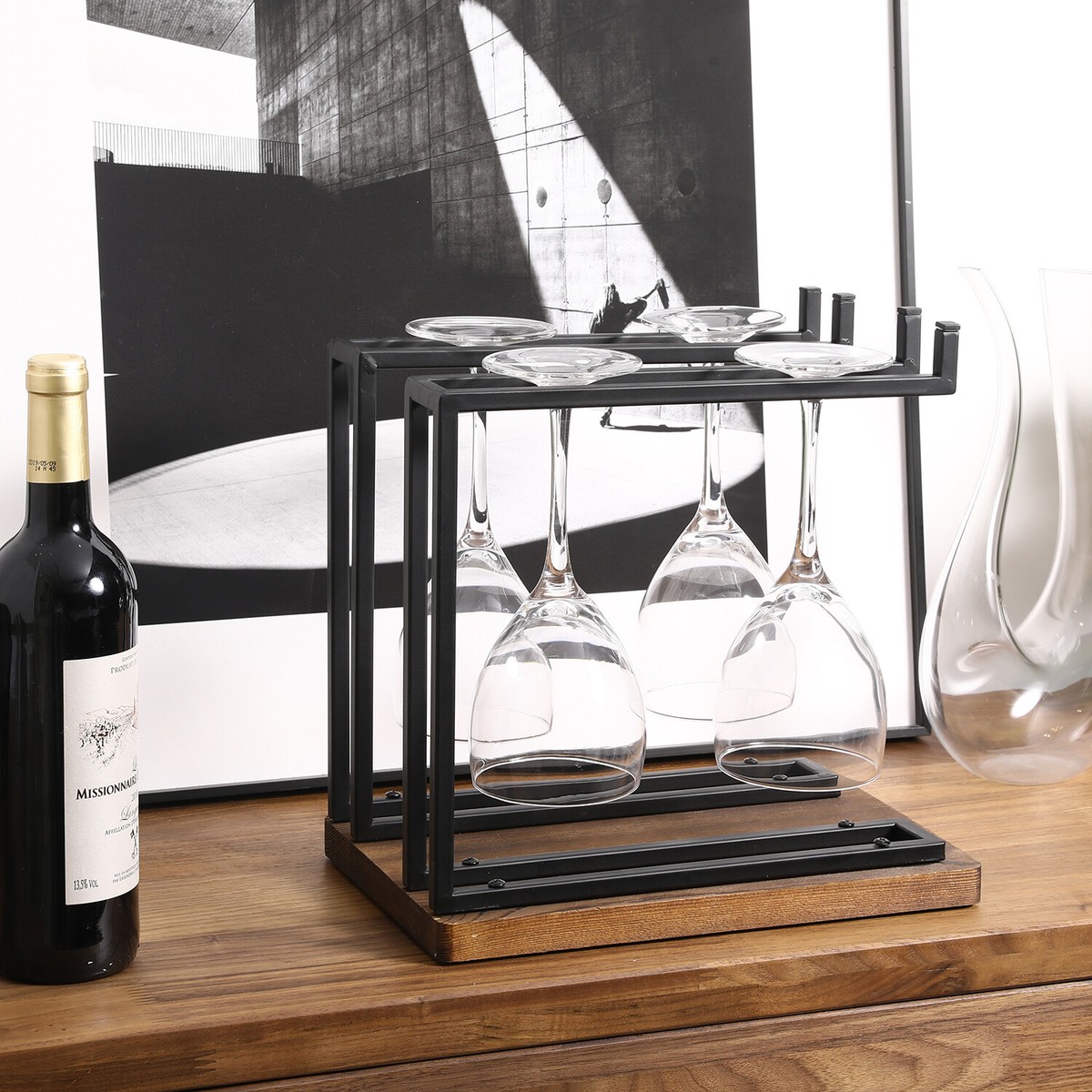 Countertop Wine Glass Stemware Holder Stand w/Industrial Black Metal & Wood  Base