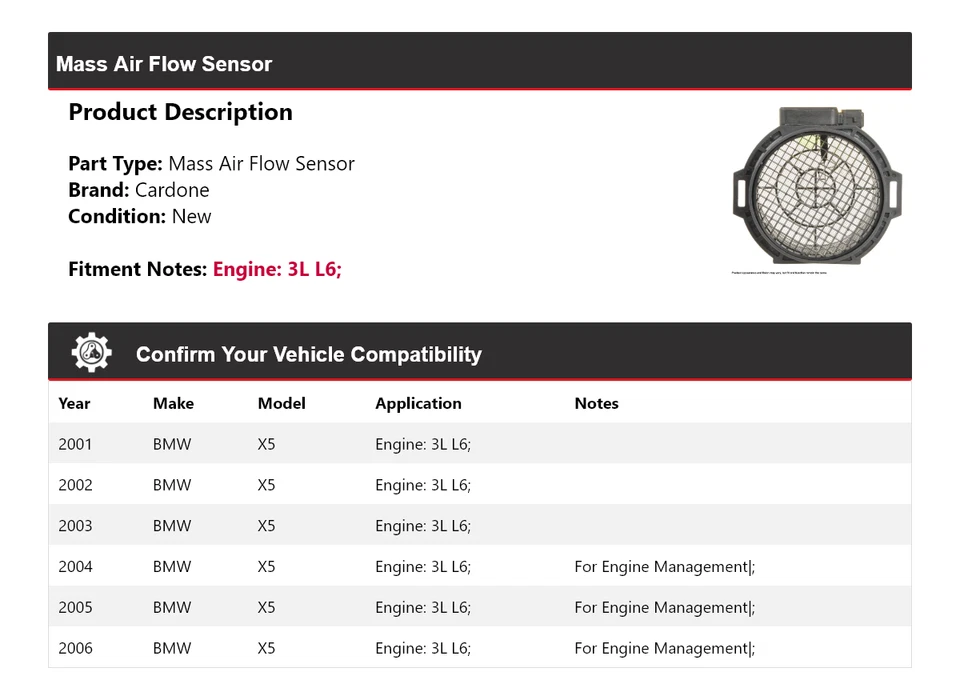 Sensor de flujo de aire másico Cardone 2002 2003 2004 2005 BMW X5 3L L6 2001-2006 Foto 2 de 4