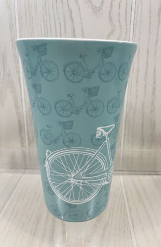 222 FIFTH TALL TURQUOISE BLUE COFFE TEA MUG BICYCLE WITH GARDEN BASKET Porcelain - Picture 3 of 9