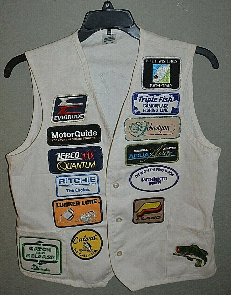 Vintage Bass Fishing VEST Patches Producto Lures Triple Fish Rat-L-Trap Evinrude