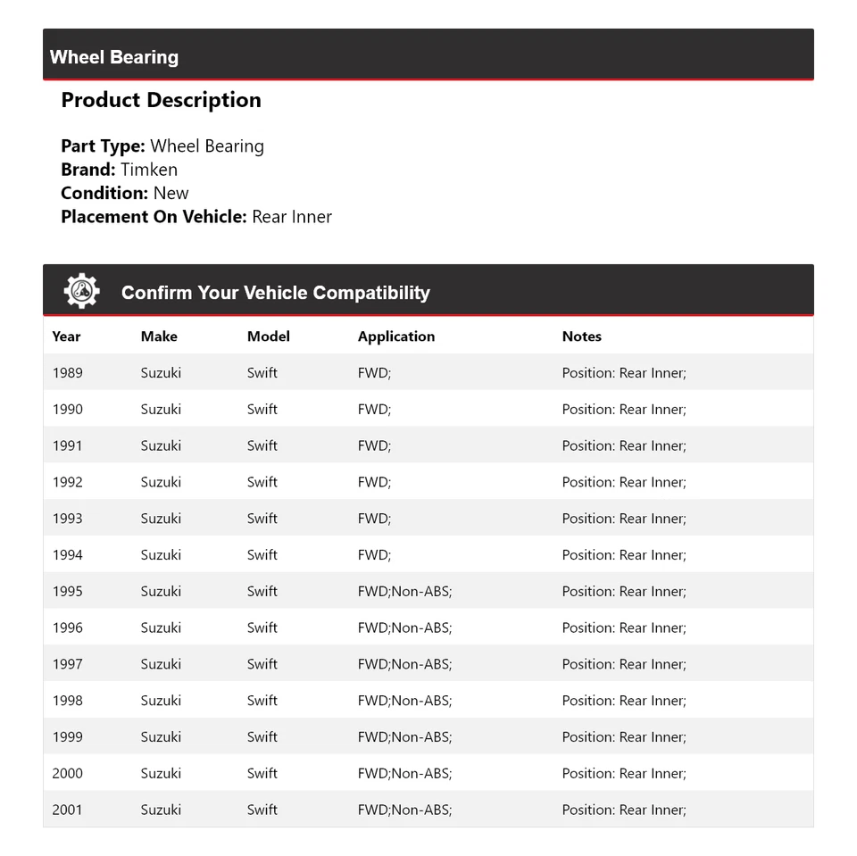 For 1989-2001 Suzuki Swift FWD Wheel Bearing Rear Inner Timken 1990 1991 1992 - Image 2 of 4
