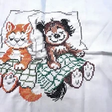 Vintage Napping Cat and Dog Completed Cross Stitch 1978 Kids Cute Gift ART