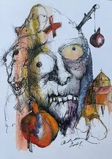 Original abstract painting mixed media on paper 7x10 in by Anastasiya Kimachenko