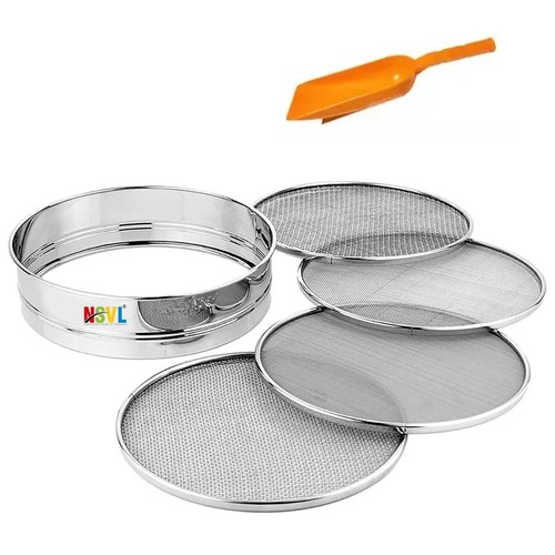 Stainless Steel 4 in 1 Interchangeable Sieve with Aata Scoop  Set of 5 - Foto 1 di 3