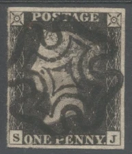 GB  1840 1d  Black  (SJ) , 4 Margins,  almost  complete black Maltese Cross