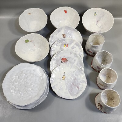 Studio Art Pottery Handmade Drip Glaze Service For 4 Cups Bowls Plates Signed