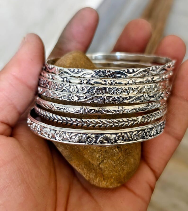 Solid 925 Sterling Silver Bangles, Hammered Bangles Stacking Set of 7 Bangles View 2