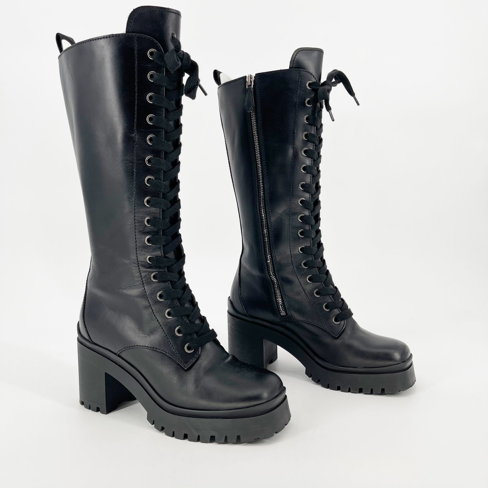 SAOLA Stivali Miu Miu neri da combattimento militari punta quadrata tacco grosso blocco suola a strappo IT 37 5