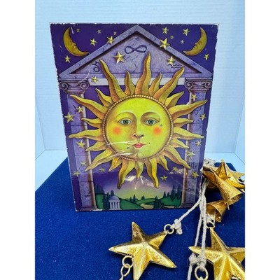 Vintage 90's Celestial Sun Moon Star Wooden Keepsake Jewelry Box Zodiac Art