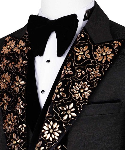 Men Black Beaded Suit Single Breasted Jacket Crystals Peak Lapel Party Wedding - Picture 3 of 9