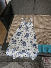 Damen Trägerkleid lang weiß/blau Blumenmust...