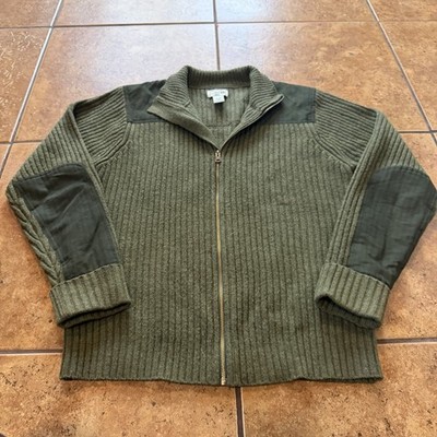 L.L. Bean Wool Zip Up Mock Neck Elbow Patch Cardigan Sweater Large Fishing Hunt