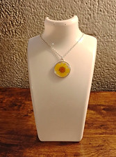 Handcrafted Round Floral Pendant Necklace, Silver & Yellow Flower Resin Pendant