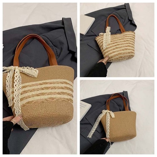 Sweet Woven Tote Bag Silk Ribbon Summer Beach Bag Vacation - Picture 3 of 15