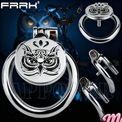 Owl Pattern Metal Flat Chastity Cage Device with Straps Harness Belt CB Lock 
