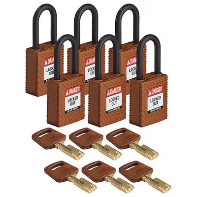 Brady Nyl-Brn-38Pl-Ka6pk Lockout Padlock, Keyed Alike, Nylon, Brown, 1 1/2 In
