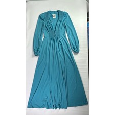 Vintage Size 9 Jody of California Teal Blue Smocked Maxi Dress Long Sleeve