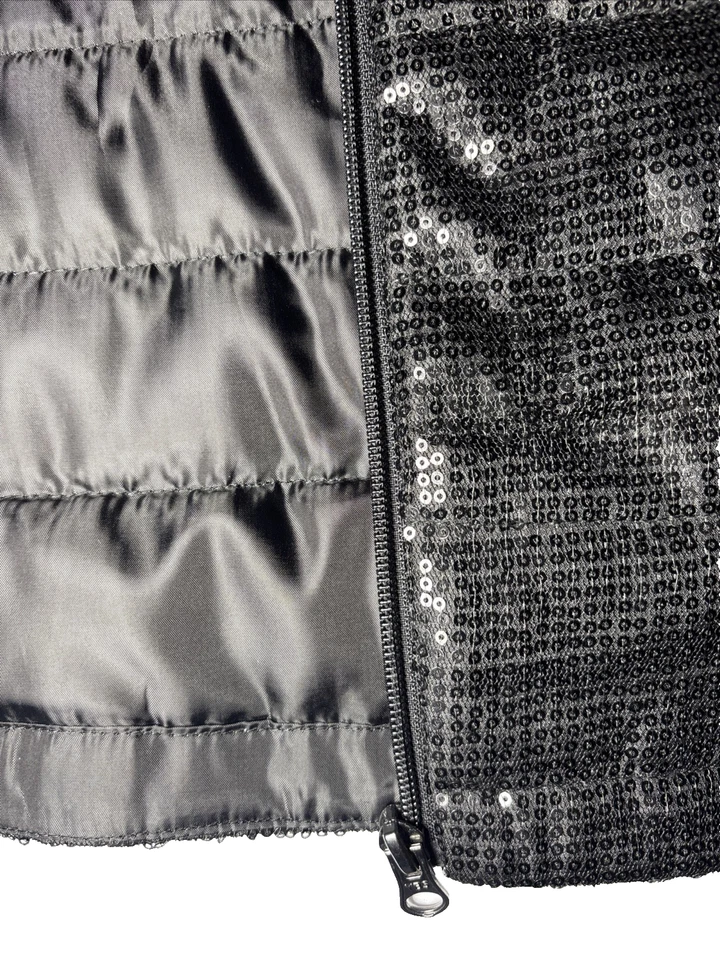 Women's Sequin Quilted Vest Black Full front Zipper Pockets Full Pointed Collar - Image 4 of 4