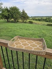 Boho Woven Rattan Serving Tray with a yellow quatrefoil pattern liner and cutout