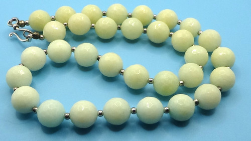 925 Sterling Silver Light Green & Cream Jadeite Faceted Bead Necklace 20"