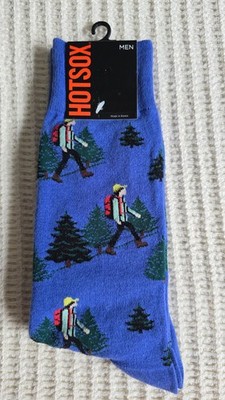 Hot Sox Men 10-13 Hiker Blue Socks with Evergreen Trees 1 Pair 49% Cotton Korea