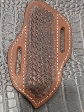 2-tone Brown Open Top Belt Loop 45° Basketweave Fix Blade Knife Leather Sheath
