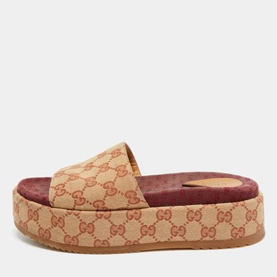 Gucci GG Size 39 BurgundyBeige Canvas Platform Slide Sandals