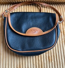 Pebbled Black Shoulder Bag with Brown Contrast Trim  Silver Hardware