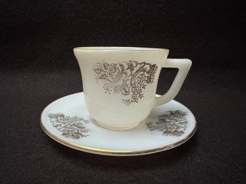 Vintage Milk Glass Gold Rose Design Child Demitasse Tea Cup & Saucer 2 pc Set