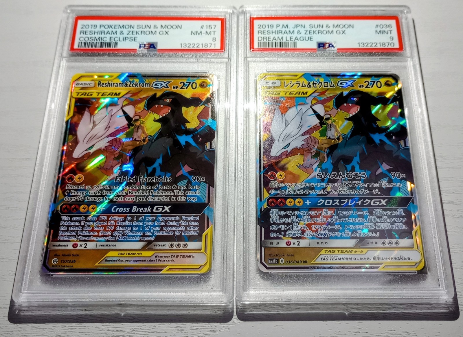 Pokemon Sun & Moon Jpn #36 PSA 9 &  Eng #157 PSA  8 Reshiram & Zekrom GX
