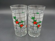 Set Of 2 Vintage Coca Cola Christmas Holly Berry Stained Glass Drinking Glasses