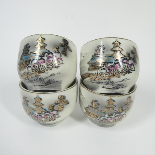4 Sake Cups Japan Handpainted Pagoda Scene Black Gold Kutani Ware