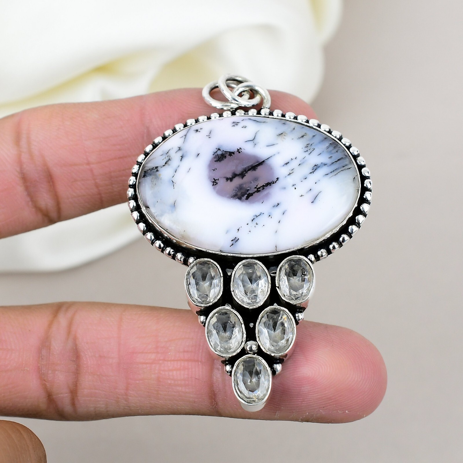 Dendrite Opal, White Topaz Gemstone Pendant 925 Sterling Silver Handcrafted Gift