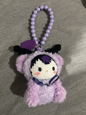 Kuromi Hand Knitted With Bear Oufit Mascot Charm mini keychain Sanrio Kawaii